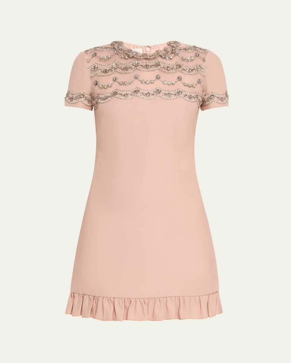 Sheer Crystal Ruffle Hem Mini Dress